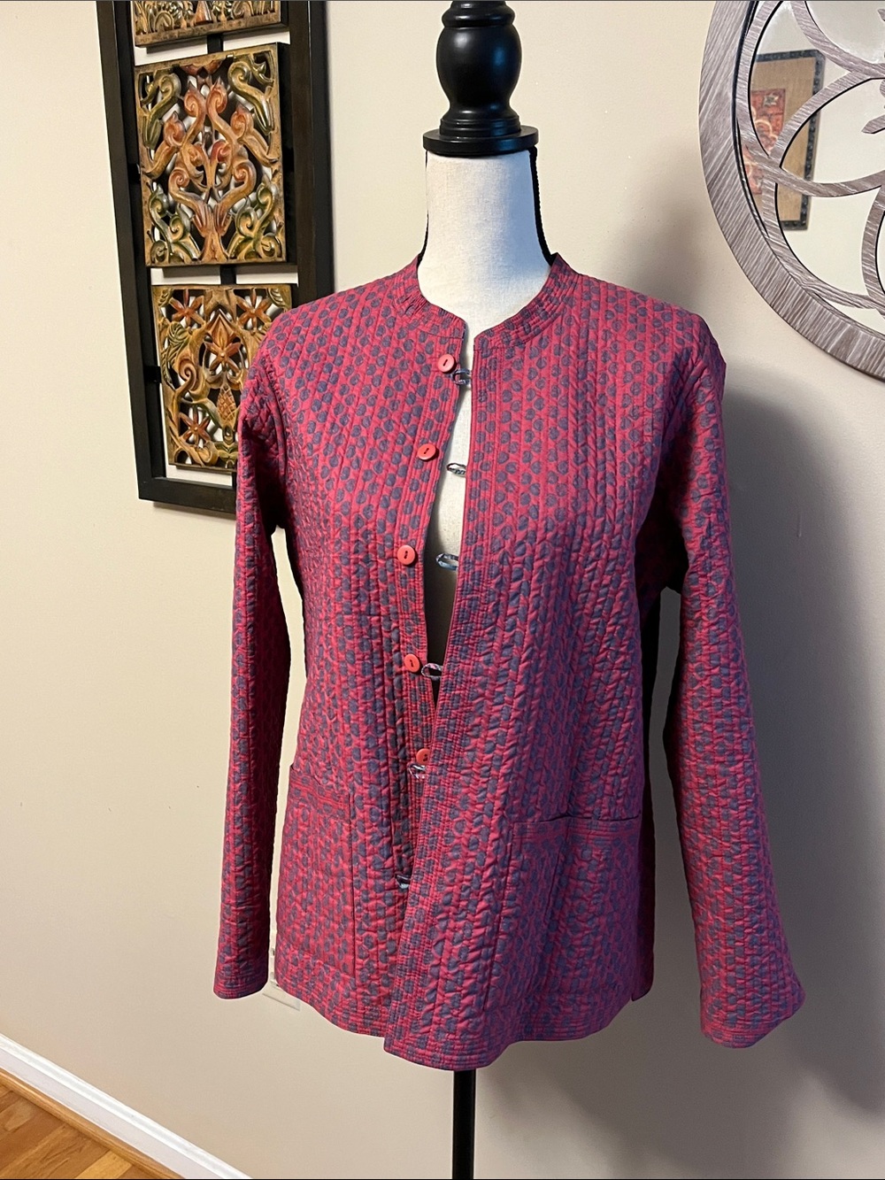 Quilted Button-Front Jacket in Raspberry Pink, reversible, medium, new